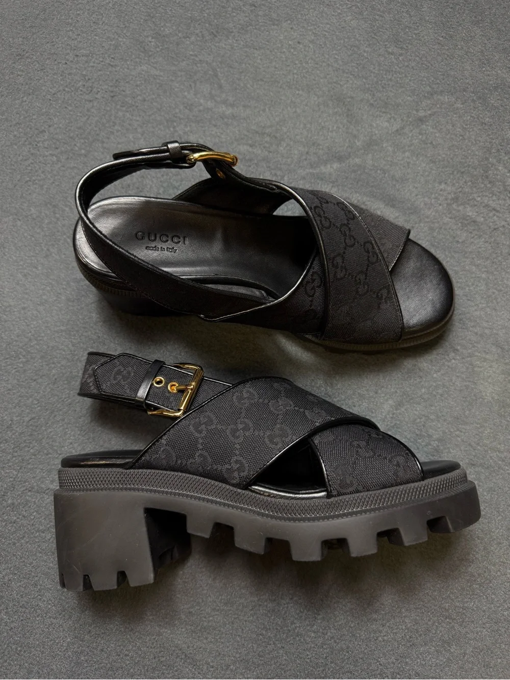 Gucci Black Platform Chunky Sandals with Gold Buckle